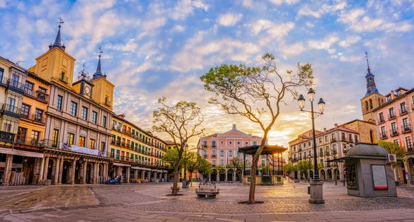The Plaza Mayor of Segovia, Spain. This is the main square of the city where town hall, cathedral, and the main theater are located.