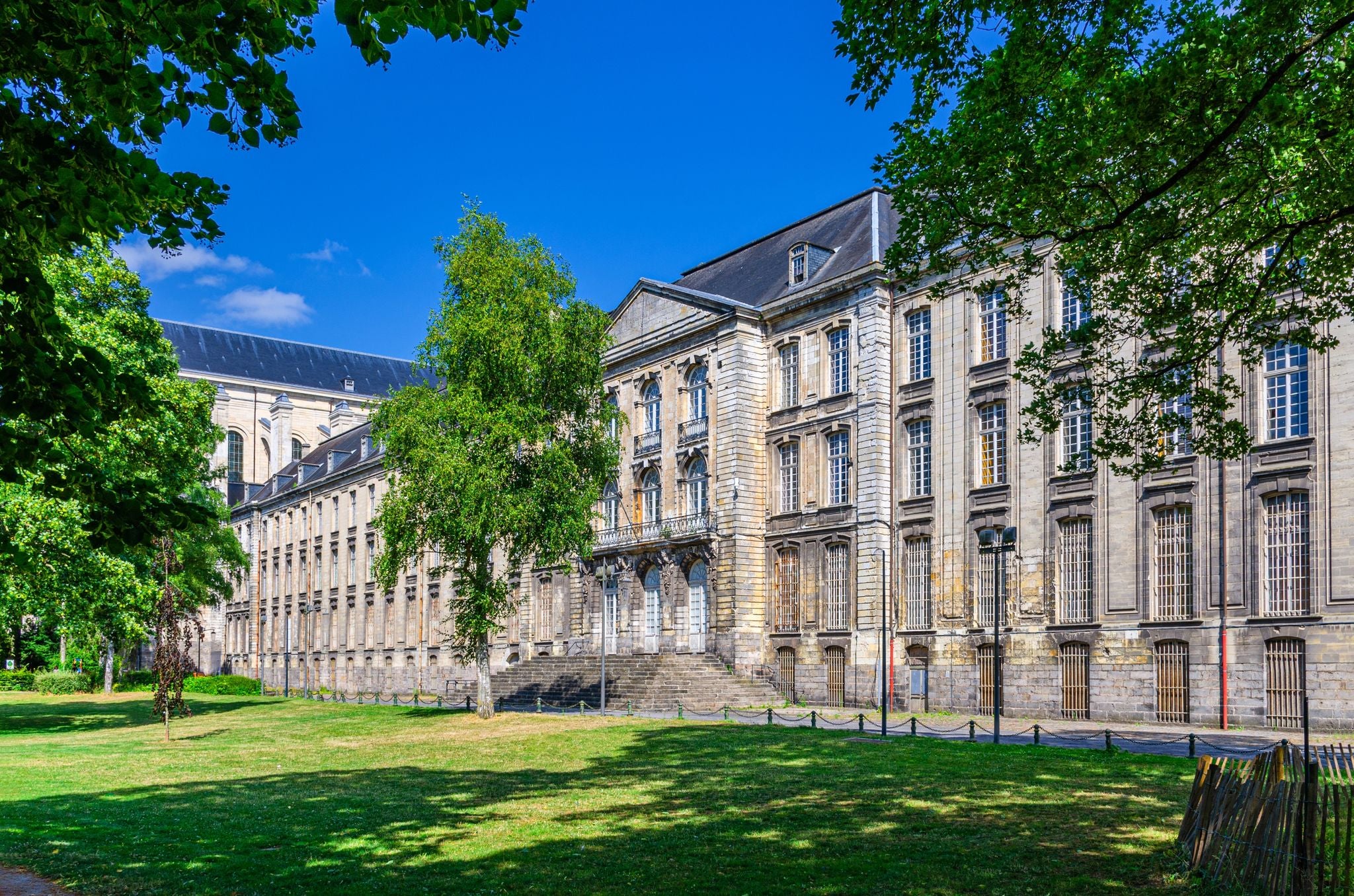 Beaux-Arts Museum of Fine Arts at the former Benedictine Abbey of Saint-Vaast monastery building and Garden in Arras city, blue sky background, Artois, Hauts-de-France Region, Northern France