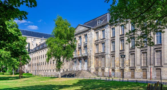 Beaux-Arts Museum of Fine Arts at the former Benedictine Abbey of Saint-Vaast monastery building and Garden in Arras city, blue sky background, Artois, Hauts-de-France Region, Northern France