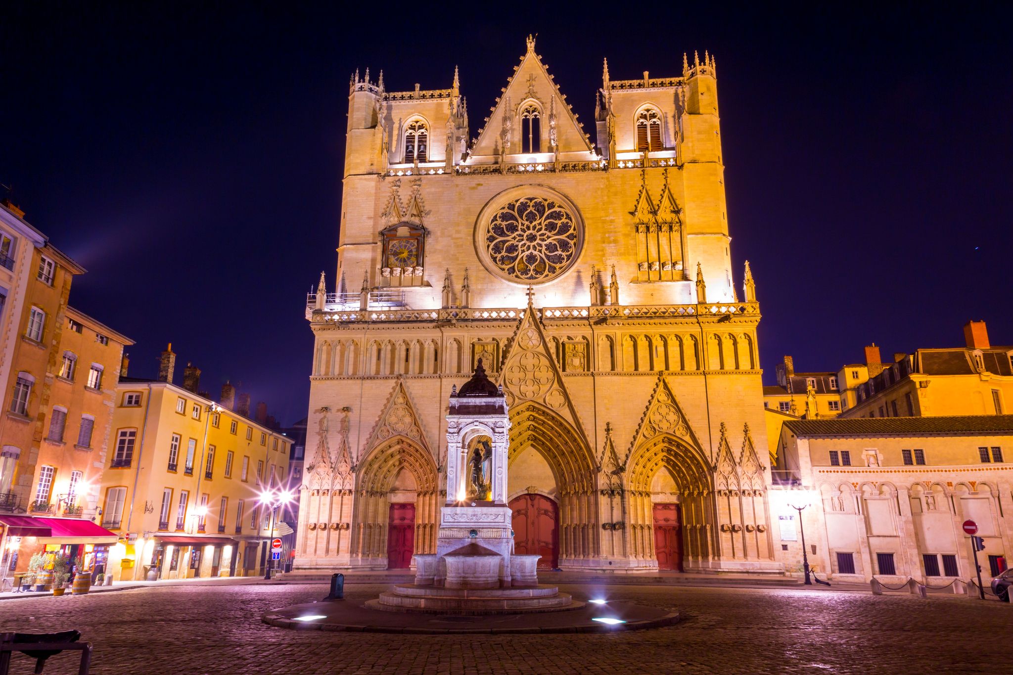 Exterior view of the St. John the Baptist Cathedral at the St. John Square or Place St. Jean in Lyon, France.