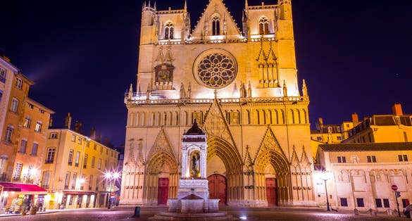 Exterior view of the St. John the Baptist Cathedral at the St. John Square or Place St. Jean in Lyon, France.
