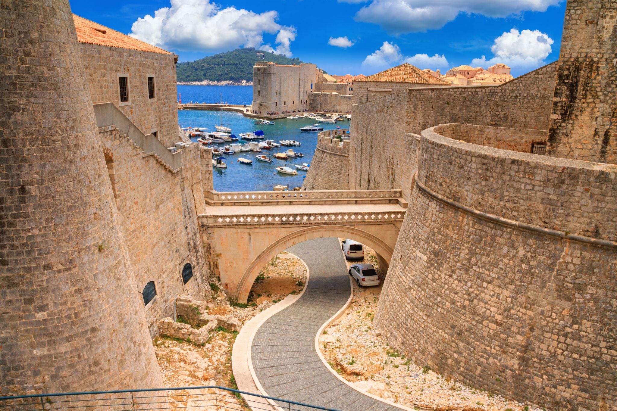 Photo of the bridge between the Revelin Fortress and the Ploce Gate in the Old Town of Dubrovnik on the Adriatic coast of Croatia.