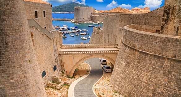 Photo of the bridge between the Revelin Fortress and the Ploce Gate in the Old Town of Dubrovnik on the Adriatic coast of Croatia.