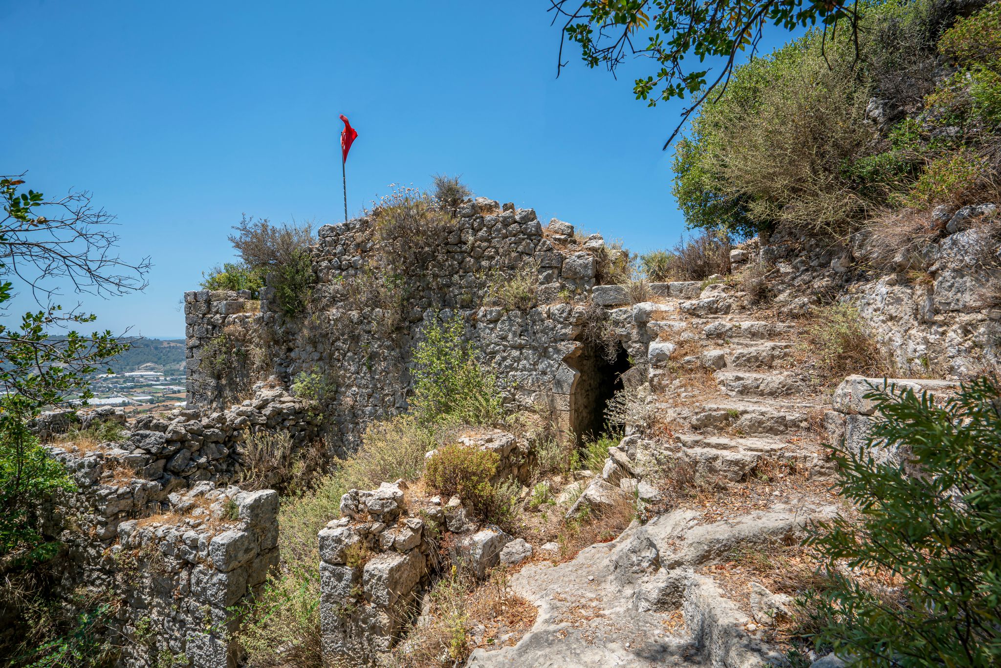 photo of tunnels and stairs of Alara Castle, which had the function to safeguard the caravans from holdup robberies that were stopping over at the last caravanserai Alarahan on the Silk Road, Antalya, Turkey.
