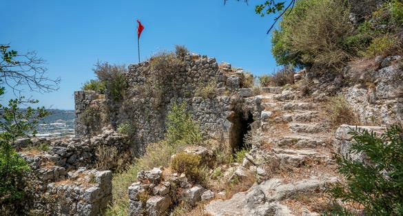photo of tunnels and stairs of Alara Castle, which had the function to safeguard the caravans from holdup robberies that were stopping over at the last caravanserai Alarahan on the Silk Road, Antalya, Turkey.