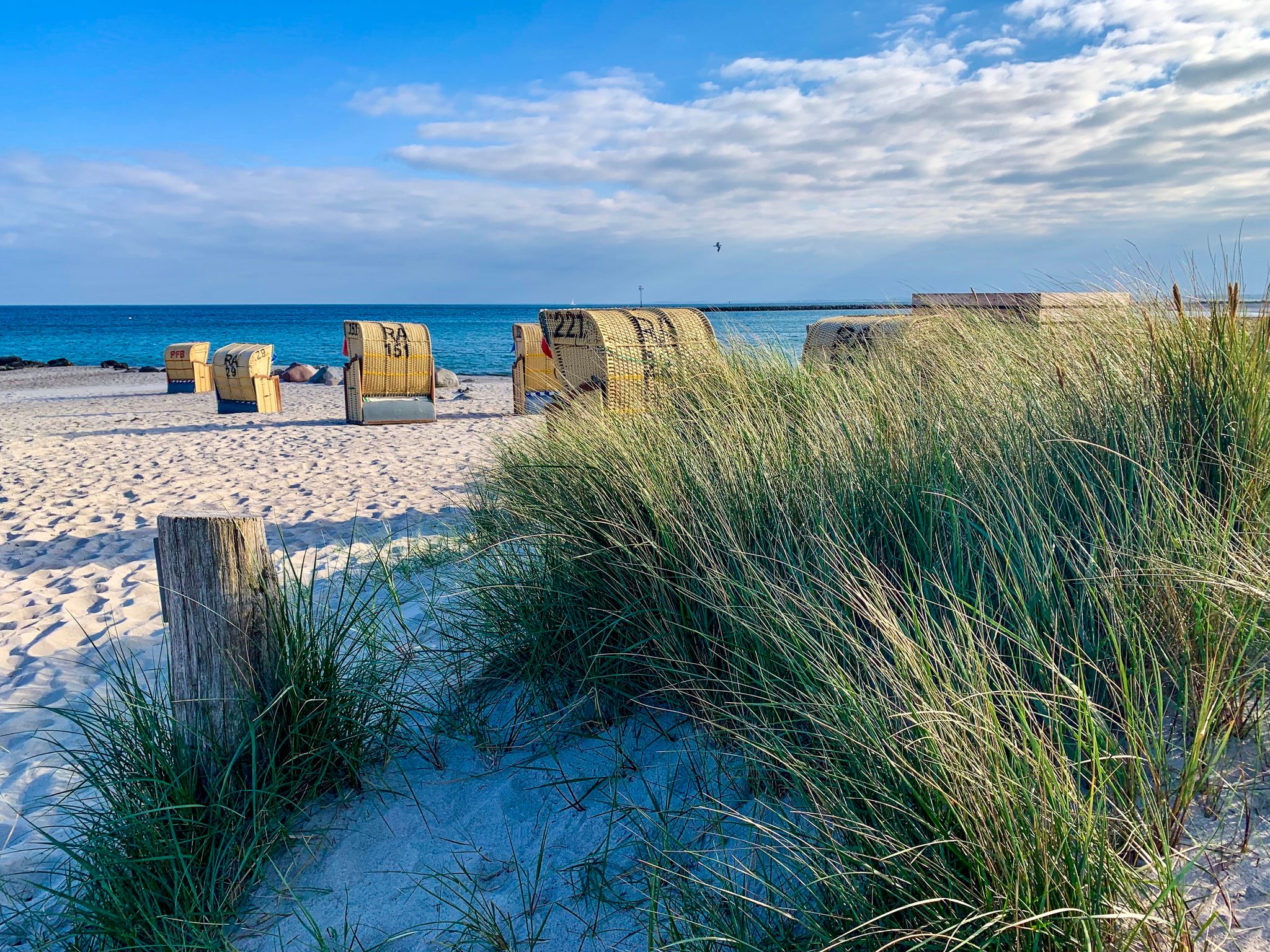 Photo of View of the sandy beach, traditional north german beach chairs and green beach grass on the island Fehmarn on Baltic sea.