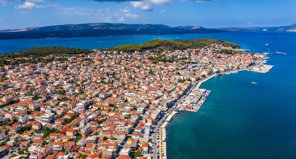 Photo of Aerial drone view of Argostoli (Argostolion), famous city with beaches and capital of Cefalonia (Kefalonia) island, Ionian islands, Greece.