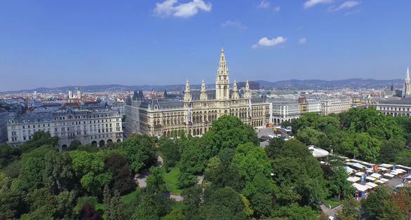 photo of view of Rathaus Vienna - Town Hall. Rathauspark. Aerial View., Vienna, Austria.
