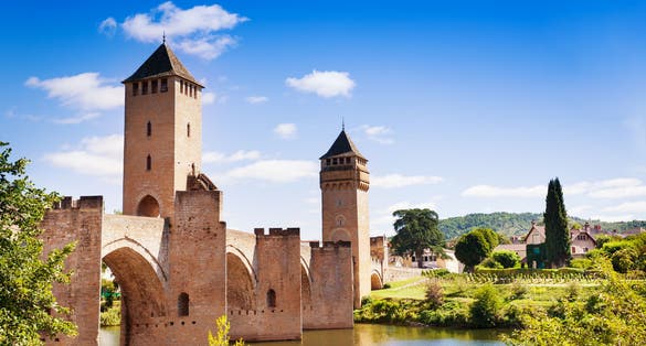 Photo of Valentre towers and bridge in Cahor on Lot river, France.