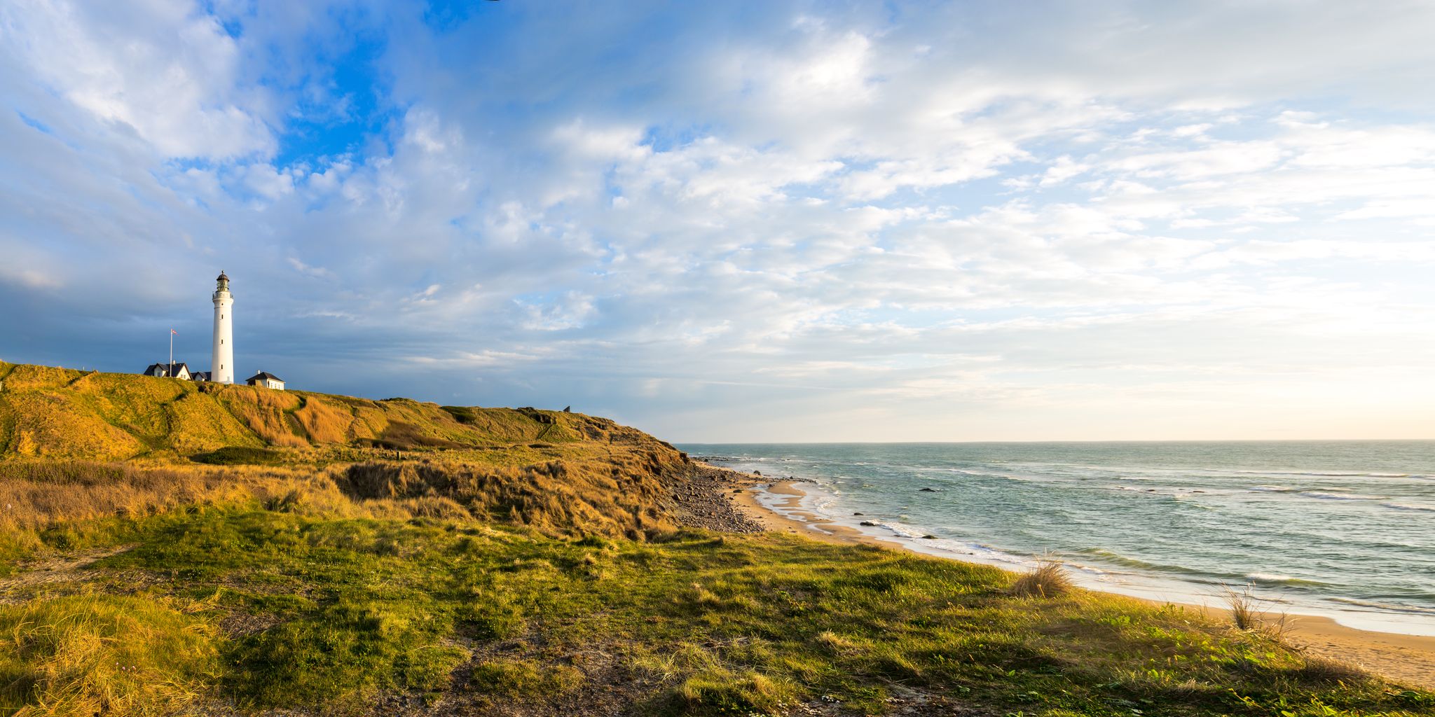 Photo of aerial view of scenic view of lighthouse of Hirtshals in Denmark.