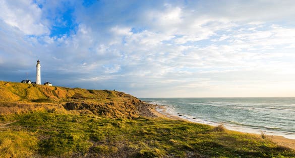 Photo of aerial view of scenic view of lighthouse of Hirtshals in Denmark.