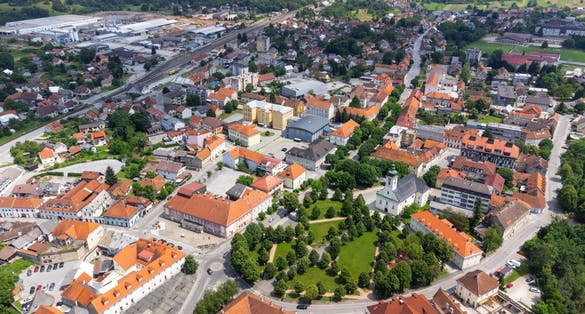 photo of view of Aerial view of Ogulin, a town in north-western Croatia, in Karlovac County, known for its historic stone castle, known as Kula, and the nearby mountain of Klek.