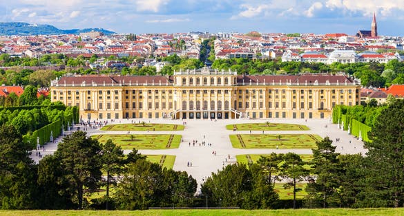Photo of aerial view of Schonbrunn Palace is a major tourist attraction in Vienna, Austria.