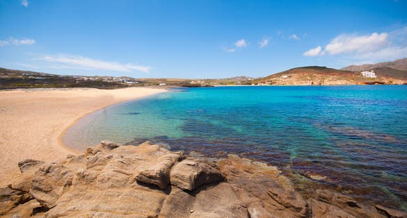 Photo of beautiful Ftelia beach in Mykonos, Greece.