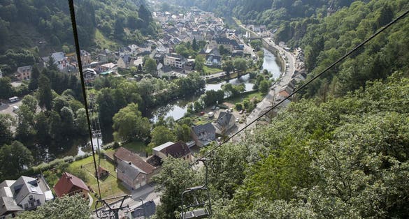 View of Vianden with cable car, Grand Duchy of Luxembourg, panorama