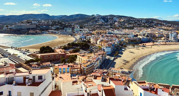 Photo of view to the Peniscola two beaches, view from the castle. Costa del Azahar, province of Castellon.