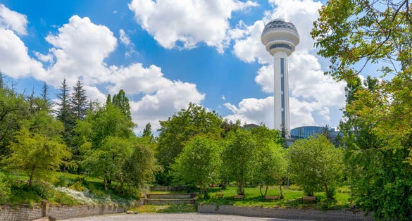 Photo of botanical Garden and Atakule in background in the spring, Ankara, Turkey.