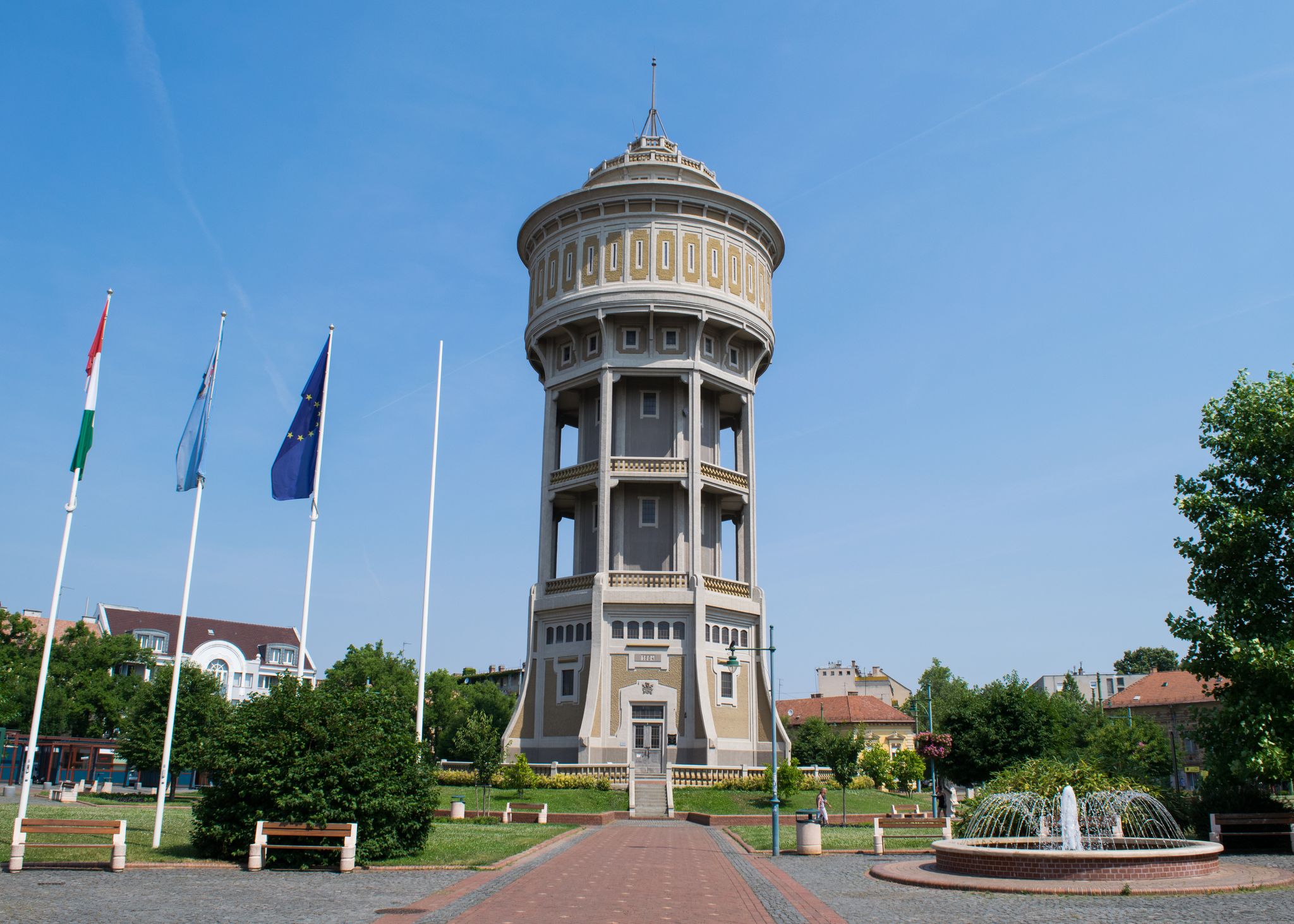 photo of view of Víztorony water tower and fountain in the city of Szeged, Hungary.