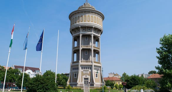 photo of view of Víztorony water tower and fountain in the city of Szeged, Hungary.
