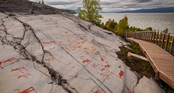 Prehistoric petroglyphs landscape view in Alta, Norway.