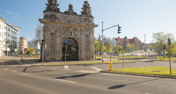 Szczecin / Port gate and city view in Szczecin ,Poland.