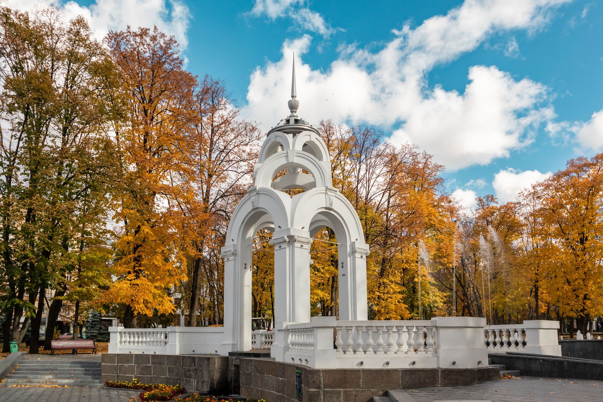 Photo of mirror Stream fountain architecture sight in colorful autumn Kharkiv city center, Ukraine.