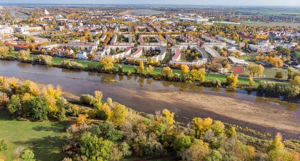 An aerial shot of a landscape in autumn in Magdeburg, Germany