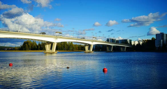 Photo of Kuokkala Bridge over the lake Jyvasjarvi in Jyvaskyla, Finland.
