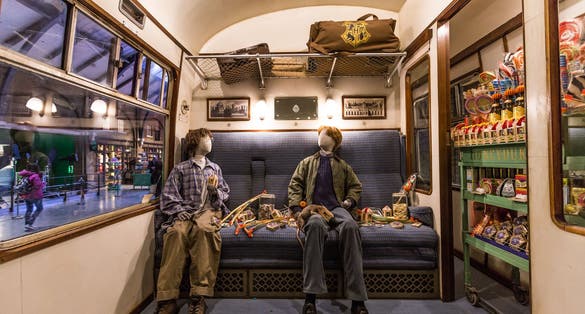 Scene inside Hogwarts express from Harry Potter film in the Warner Brothers Studio tour 'The making of Harry Potter'.