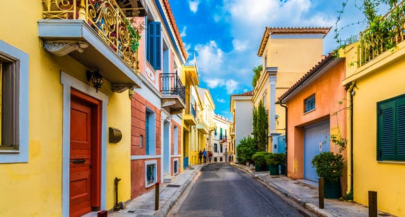 Photo of colorful street view in Plaka District of Athens.
