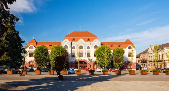 photo of view of Beautiful view on art nuoveau building of Miner Hotel (King Stephan Hotel) on Liberty square of Baia Mare, main city of Maramures County, Romania.