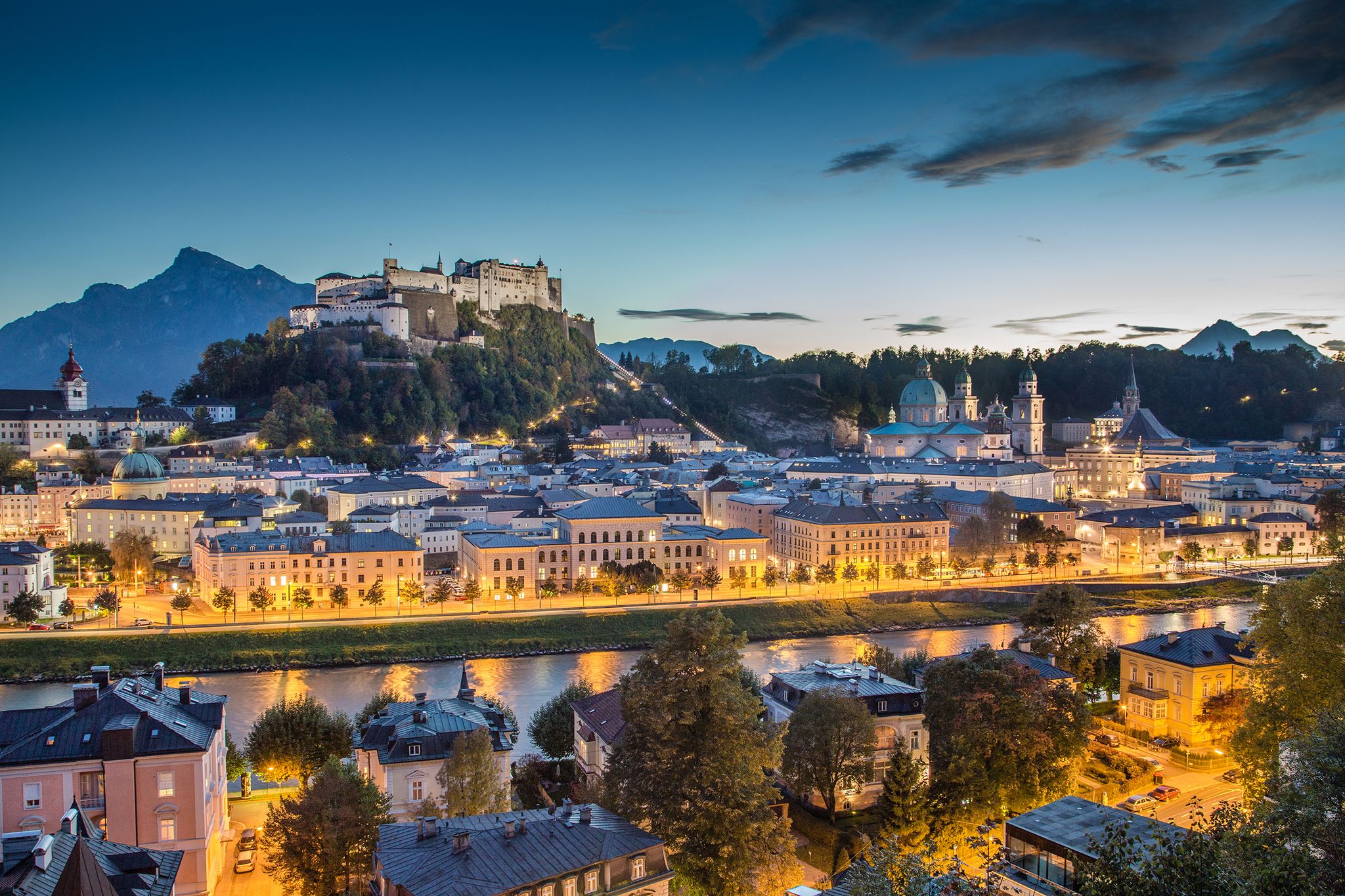 Photo of Historic city of Salzburg with Hohensalzburg Fortress at dusk, Salzburger Land, Austria.