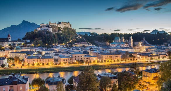 Photo of Historic city of Salzburg with Hohensalzburg Fortress at dusk, Salzburger Land, Austria.