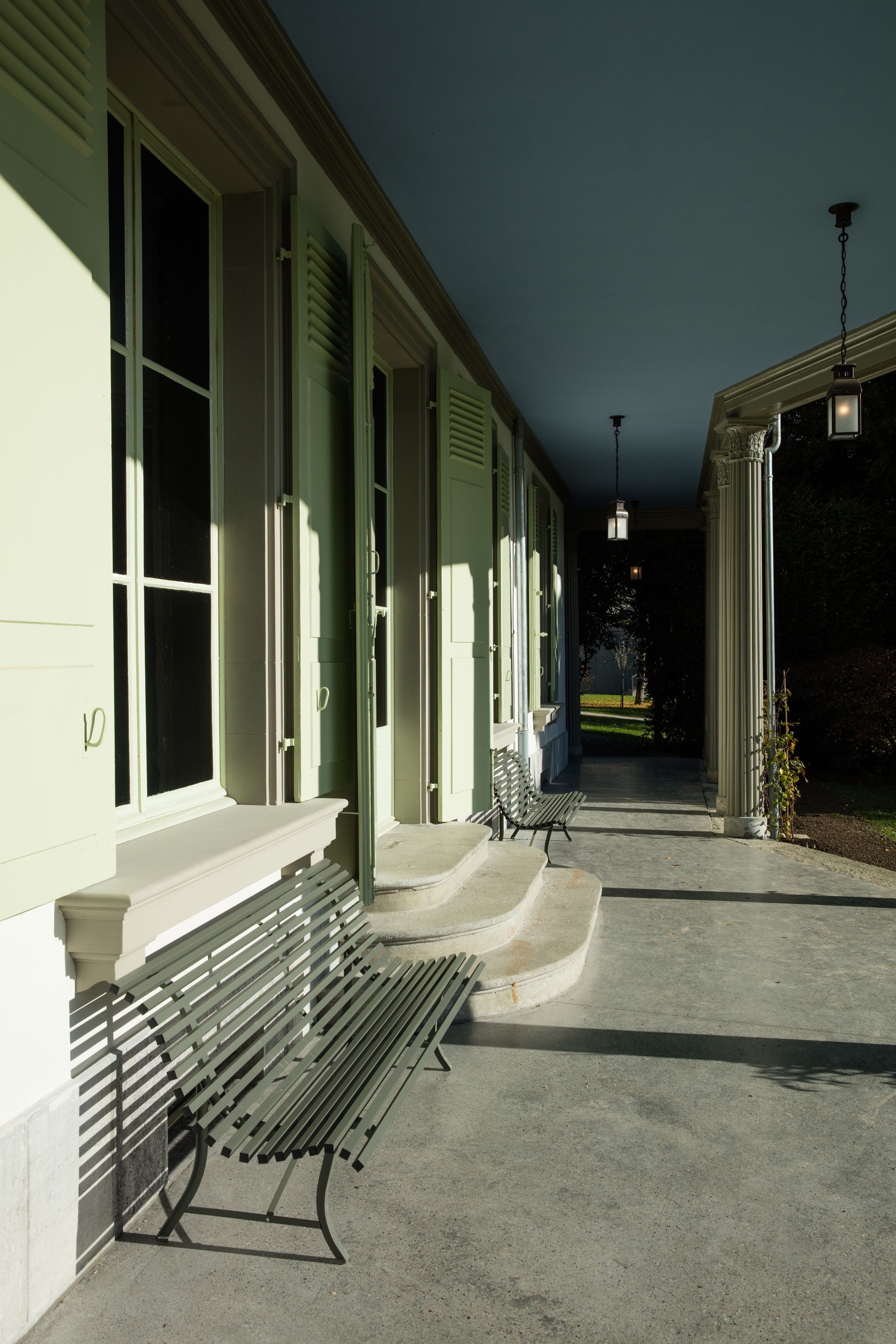 Photo of the patio area outside Charles Chaplin's last home, The Manoir de Ban, in Corsier sur Vevey in Switzerland. The house is now part of the museum, 'Chaplin's World'.