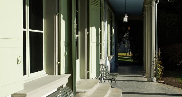 Photo of the patio area outside Charles Chaplin's last home, The Manoir de Ban, in Corsier sur Vevey in Switzerland. The house is now part of the museum, 'Chaplin's World'.