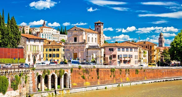 Photo of City of Verona Adige riverfront view, colorful architecture of tourist destination in Veneto region, Italy
