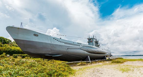U-Boat U 995 on the beach in Laboe. German submarine U-995, Type VIIC 41 U-boat of former Nazi Germany's Kriegsmarine in the World War II. near Laboe Naval Memorial near Kiel, Schleswig-Holstein
