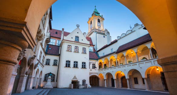 Photo of Old Town Hall in Bratislava. Image of Town Hall Buildings and Clock Tower of Main City Square in Old Town Bratislava, Slovakia.