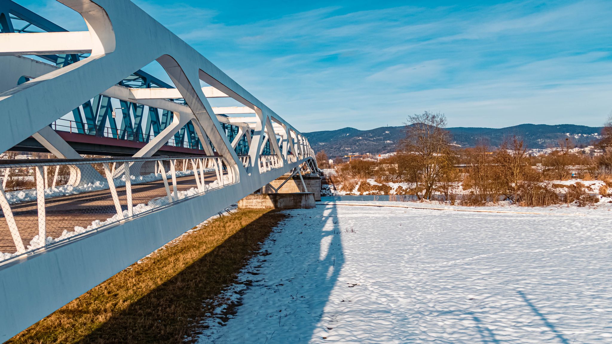 view of a pedestrian bridge near Deggendorf, Danube, Bavaria, Germany