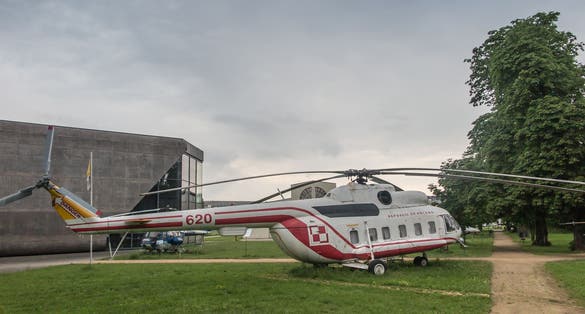 A museum copy of the Mi-8 helicopter in the VIP passenger version, serial number 10620, exhibited at the aviation museum in Krakow, Poland. They supported the visits of Pope John Paul II to Poland.