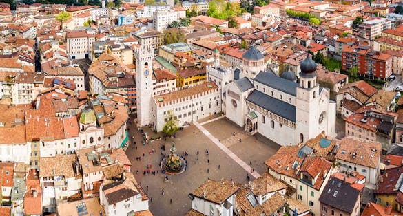 Trento Cathedral or Duomo di Trento aerial panoramic view. Duomo is a roman Catholic cathedral in Trento city in Trentino Alto Adige in Italy.