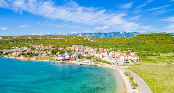 Croatia, beautiful Adriatic coastline, town of Stara Novalja on the island of Pag, aerial view from drone