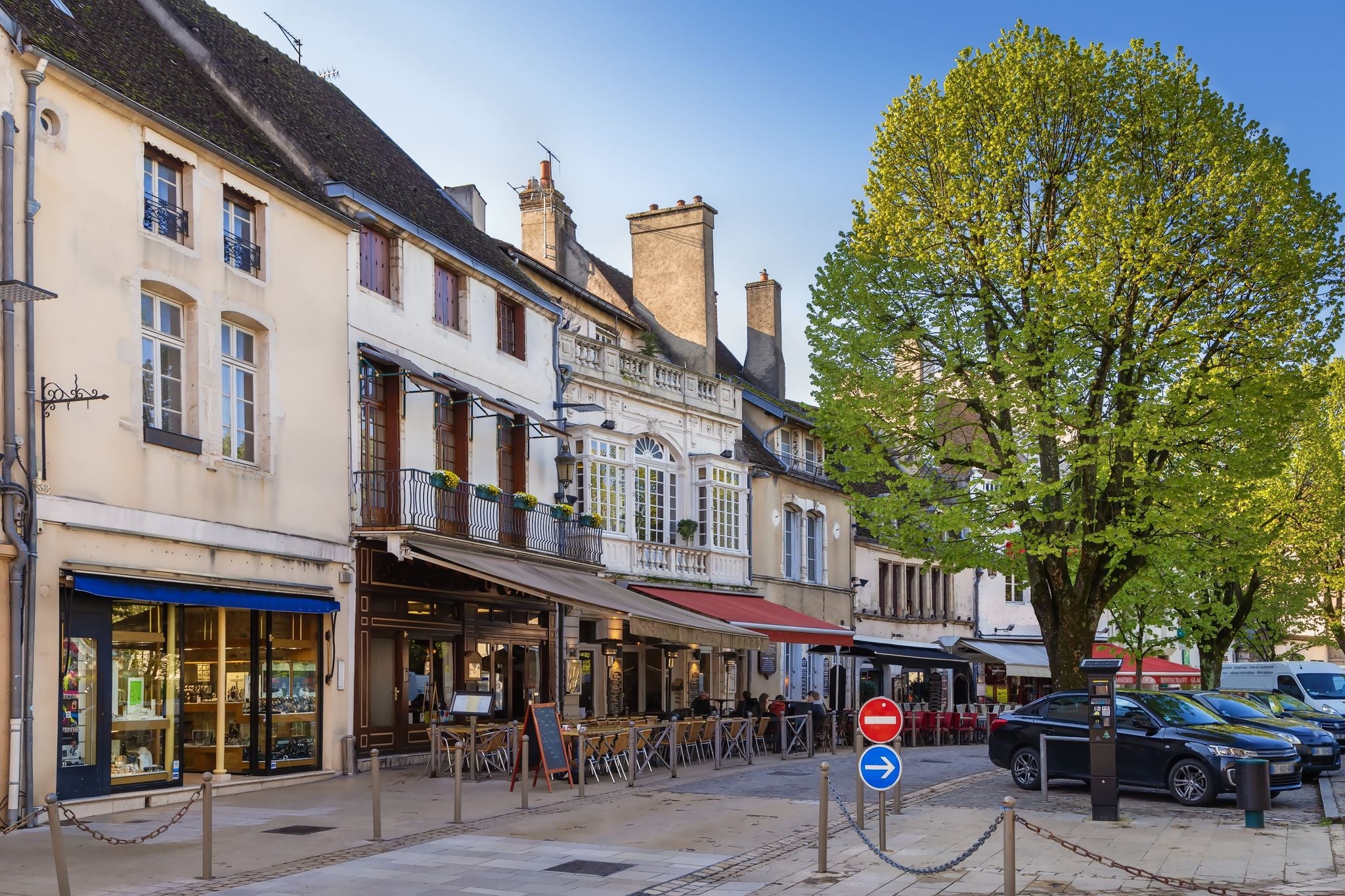 Street with historical houses in Beaune downtown, France