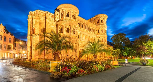 photo of view of Trier, Germany. Famous Porta Negra night illuminated. Ancient roman city Augusta Treverorum. Rheinland-Pfalz land.,Trier  germany..
