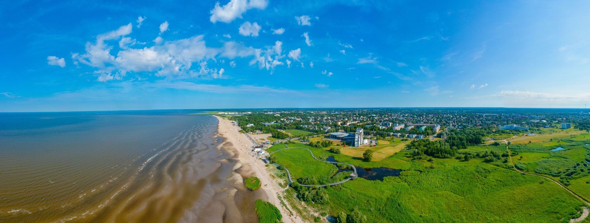 Panorama view of beach and coastal meadow hking trail at Pärnu, Estonia.