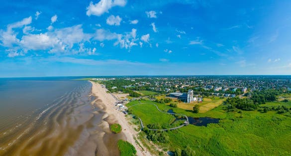 Panorama view of beach and coastal meadow hking trail at Pärnu, Estonia.