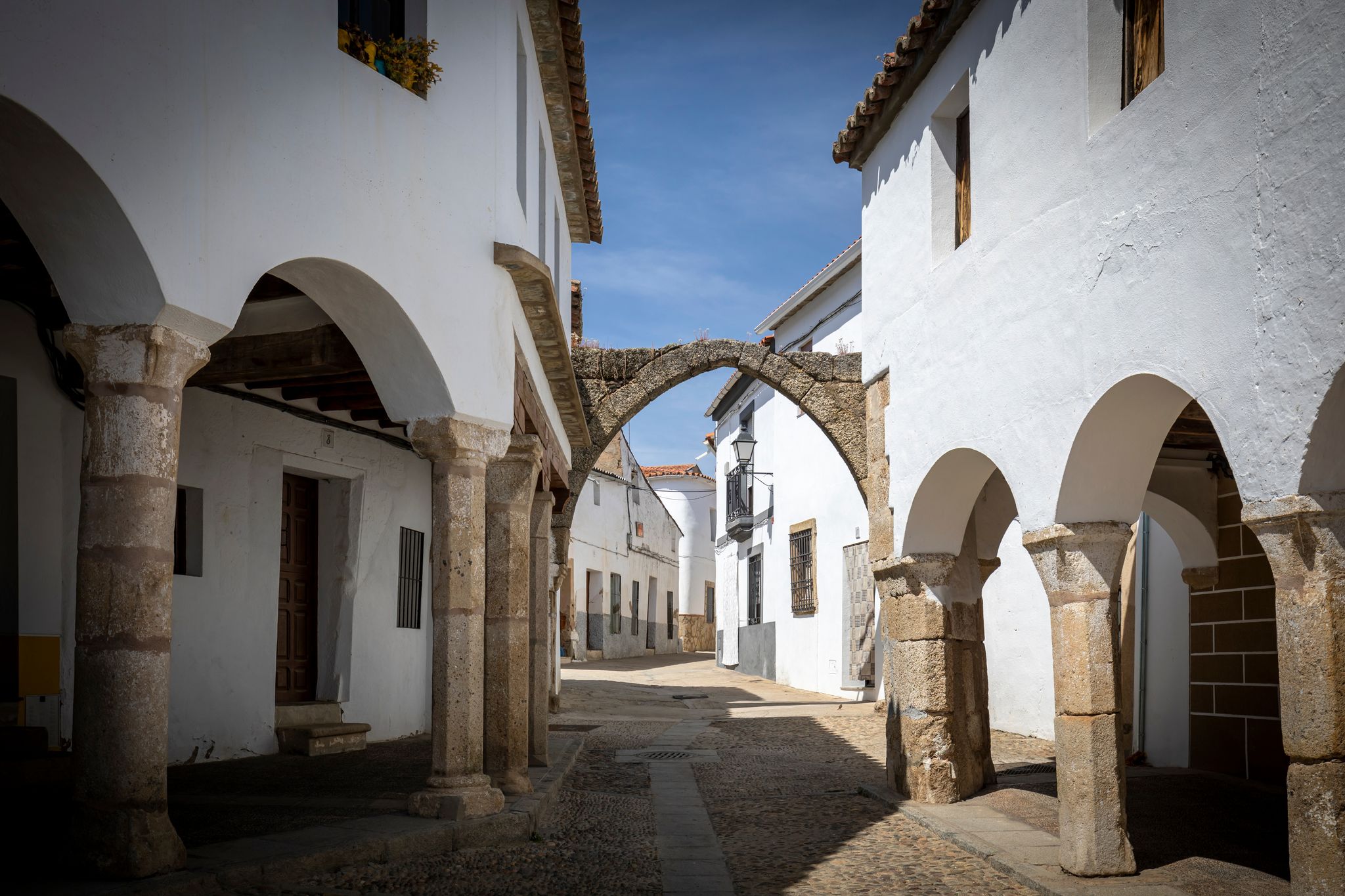 Photo of Monumental and porticoed Plaza Mayor declared a National Monument of Garrovillas in the province of Cáceres, Spain.