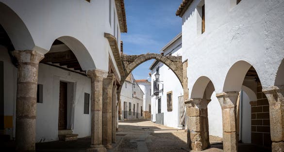 Photo of Monumental and porticoed Plaza Mayor declared a National Monument of Garrovillas in the province of Cáceres, Spain.