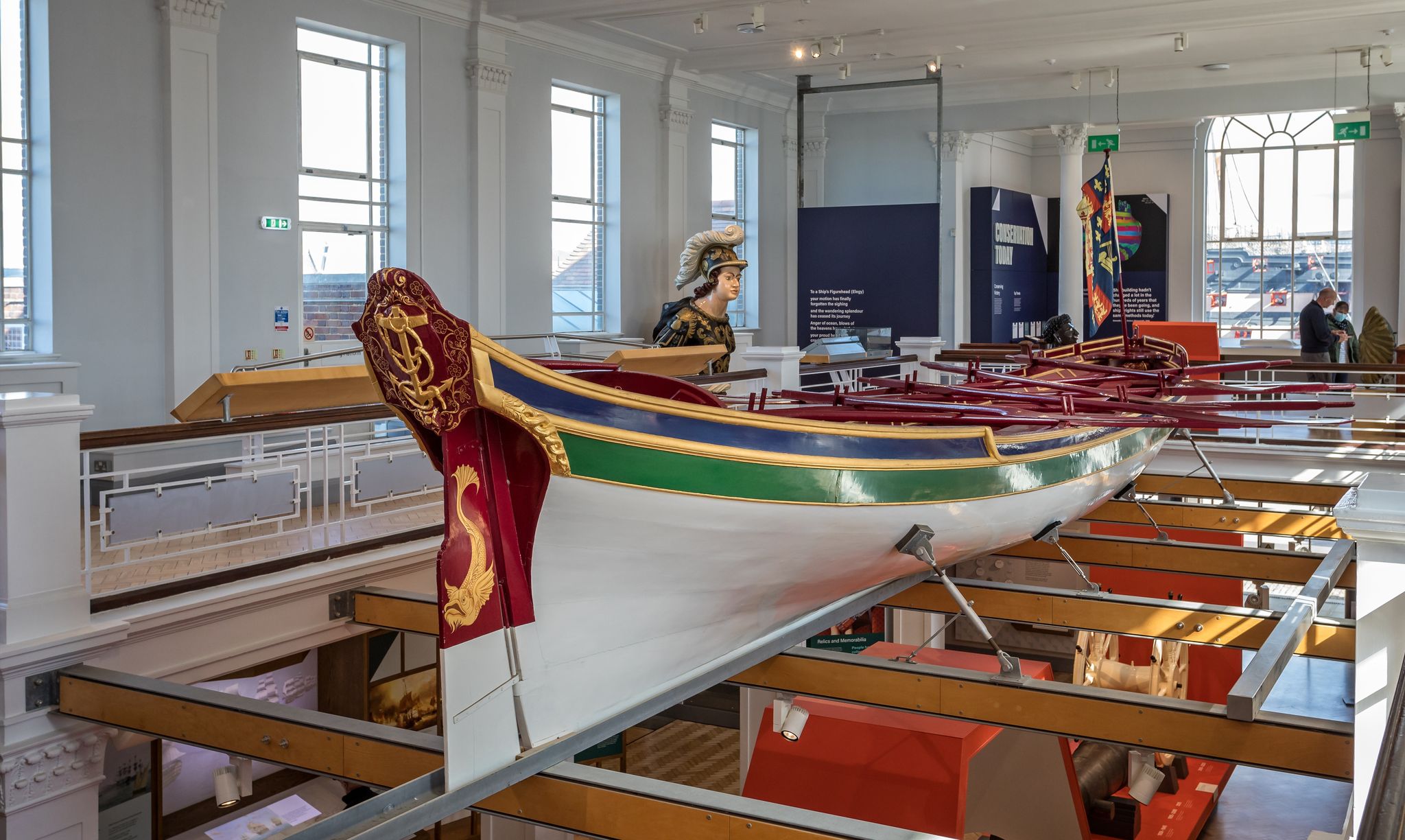 The royal barge which took Lord Nelson's coffin from Greenwich to St Paul's Cathedral on display in Portsmouth Dockyard, Hampshire, UK.