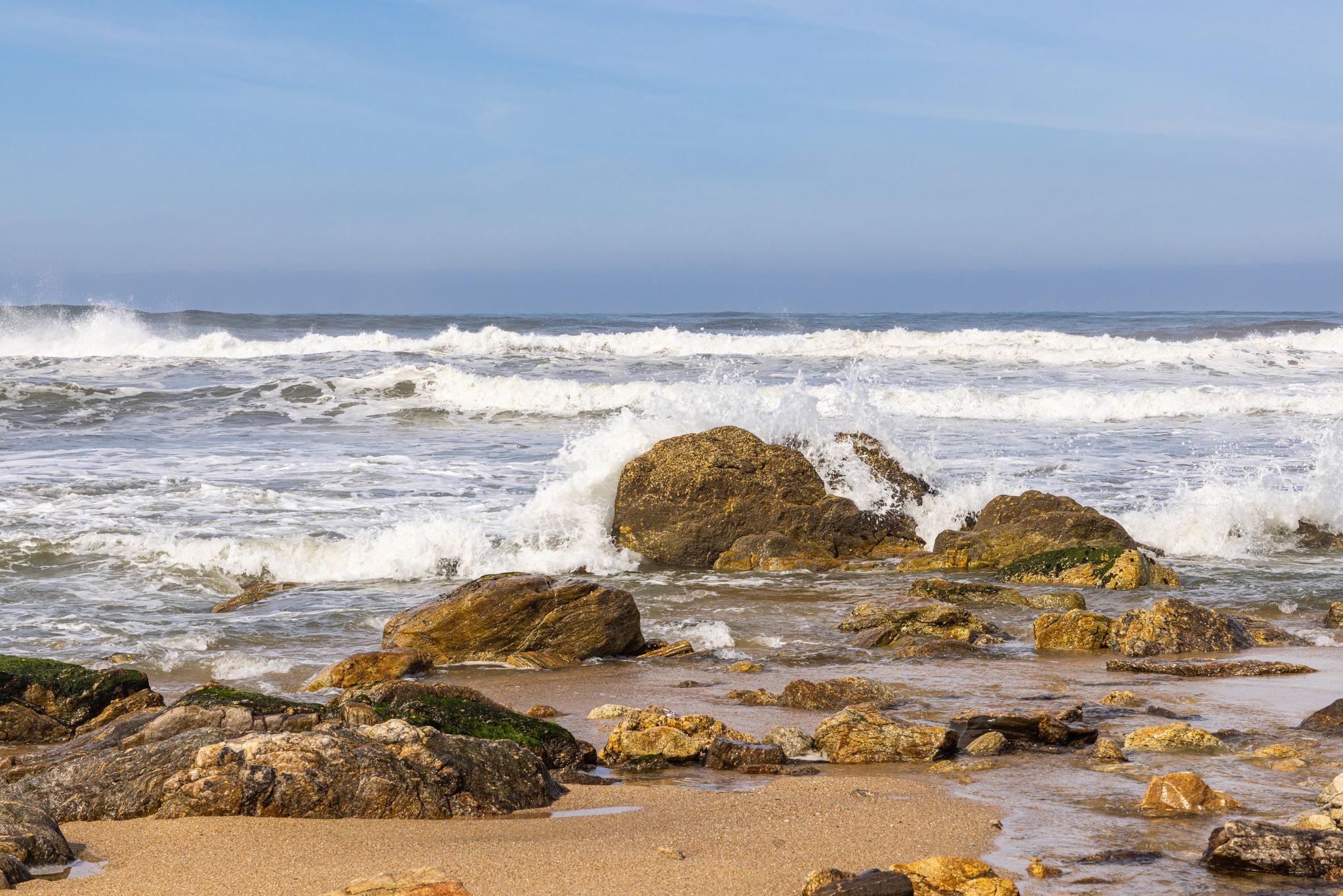 Europe, Portugal. Alcozelo. Europe, Portugal. Alcozelo. Breaking waves at the Praia da Mriamar, Miramar Beach.